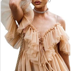 Off Shoulder Deep V Neck Lace Up Ruffle Blouse